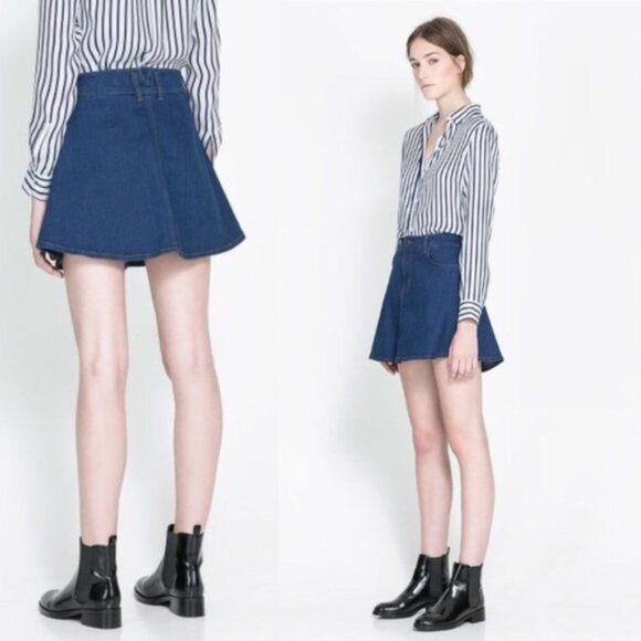 Zara Blue Jean Skater Skirt - Picture 1 of 6